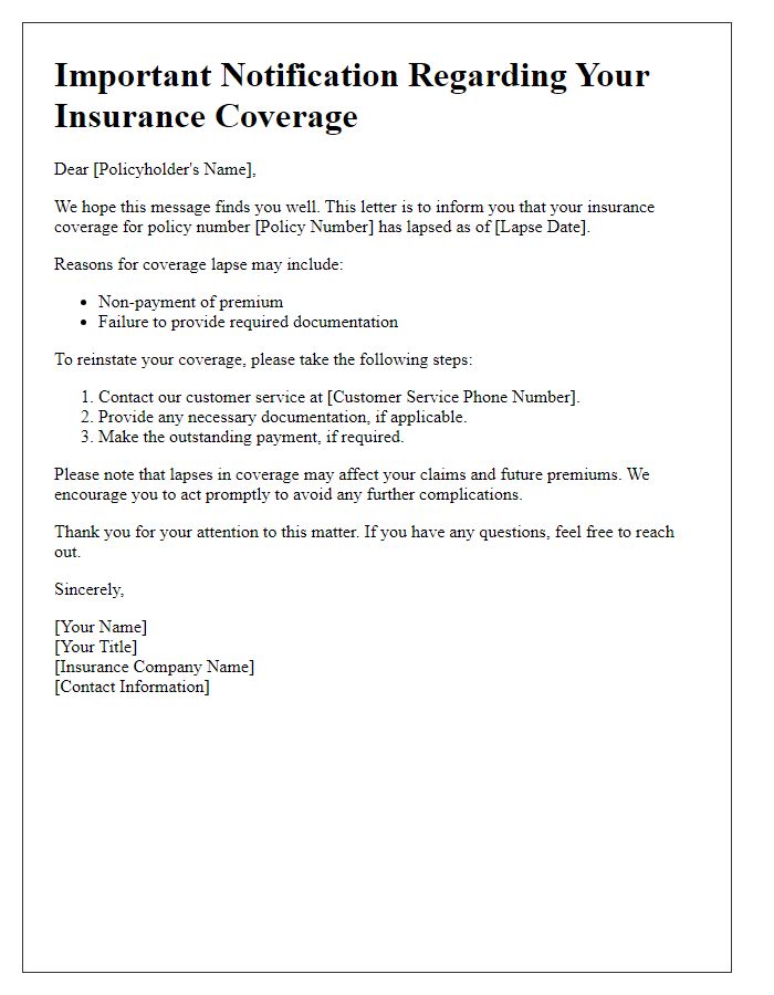 Letter template of lapsed insurance coverage information