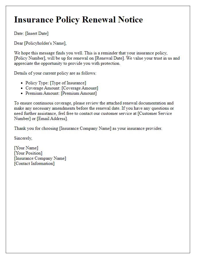 Letter template of renewal notice for insurance policy