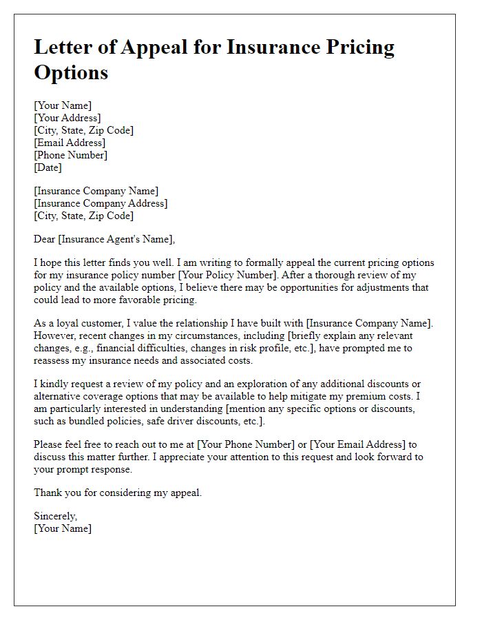 Letter template of appeal for insurance pricing options