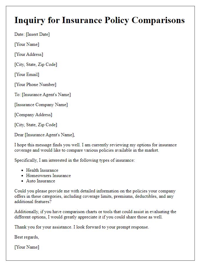 Letter template of inquiry for insurance policy comparisons