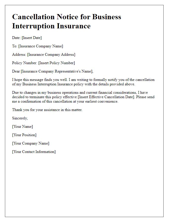 Letter template of business interruption insurance cancellation notice