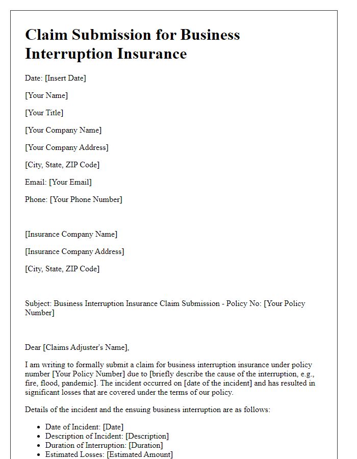 Letter template of business interruption insurance claim submission