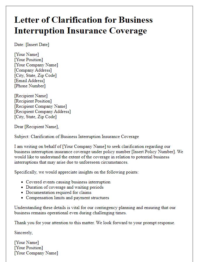 Letter template of business interruption insurance coverage clarification