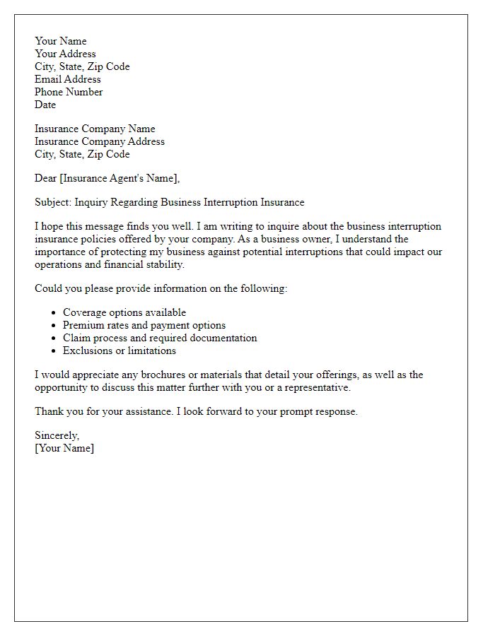 Letter template of business interruption insurance inquiry