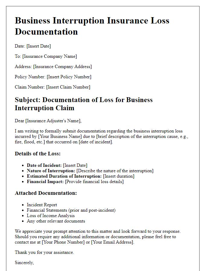 Letter template of business interruption insurance loss documentation