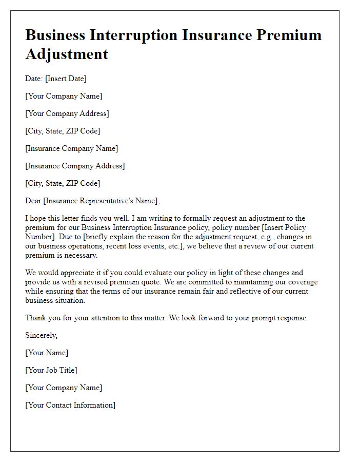 Letter template of business interruption insurance premium adjustment