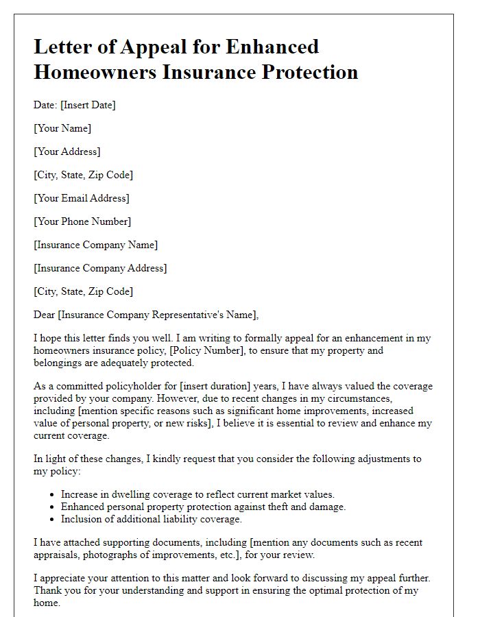 Letter template of appeal for enhanced homeowners insurance protection