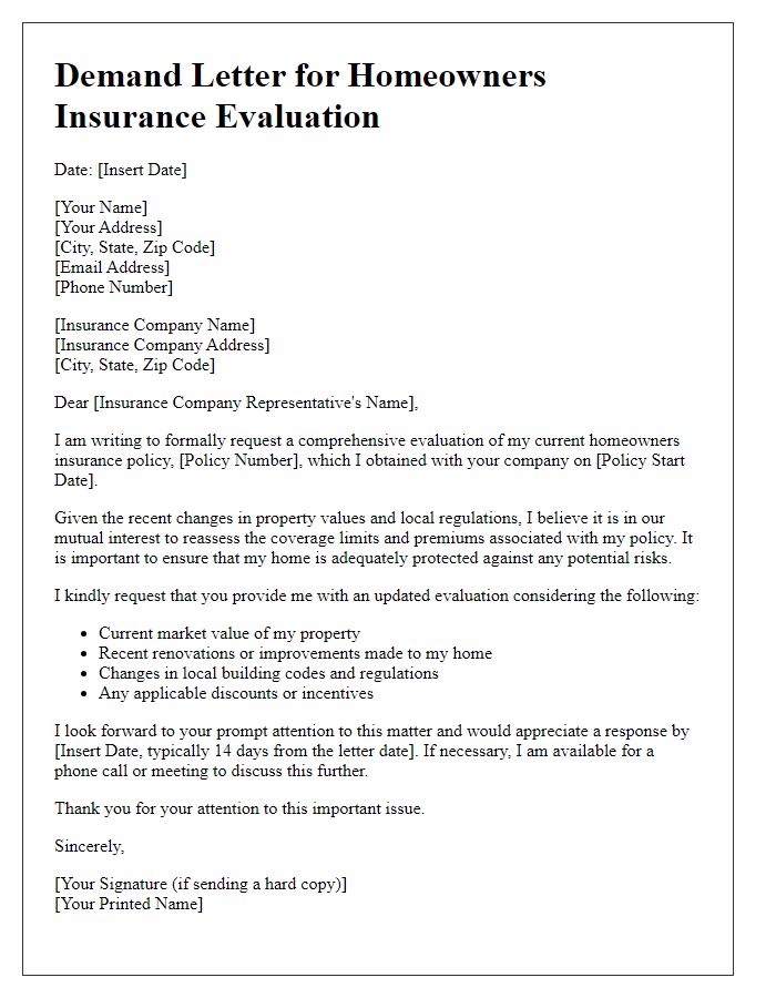 Letter template of demand for comprehensive homeowners insurance evaluation