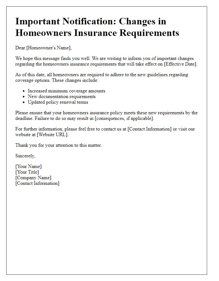 Letter template of notification for changes in homeowners insurance requirements