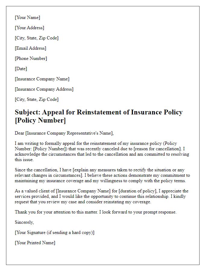 Letter template of formal appeal for insurance reinstatement