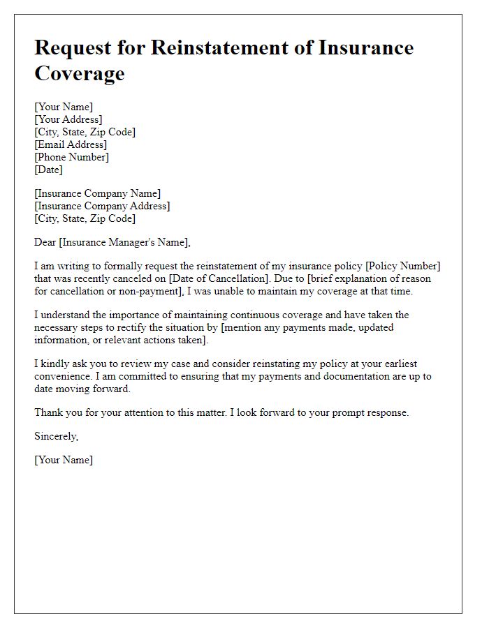 Letter template of formal request to reinstate insurance coverage