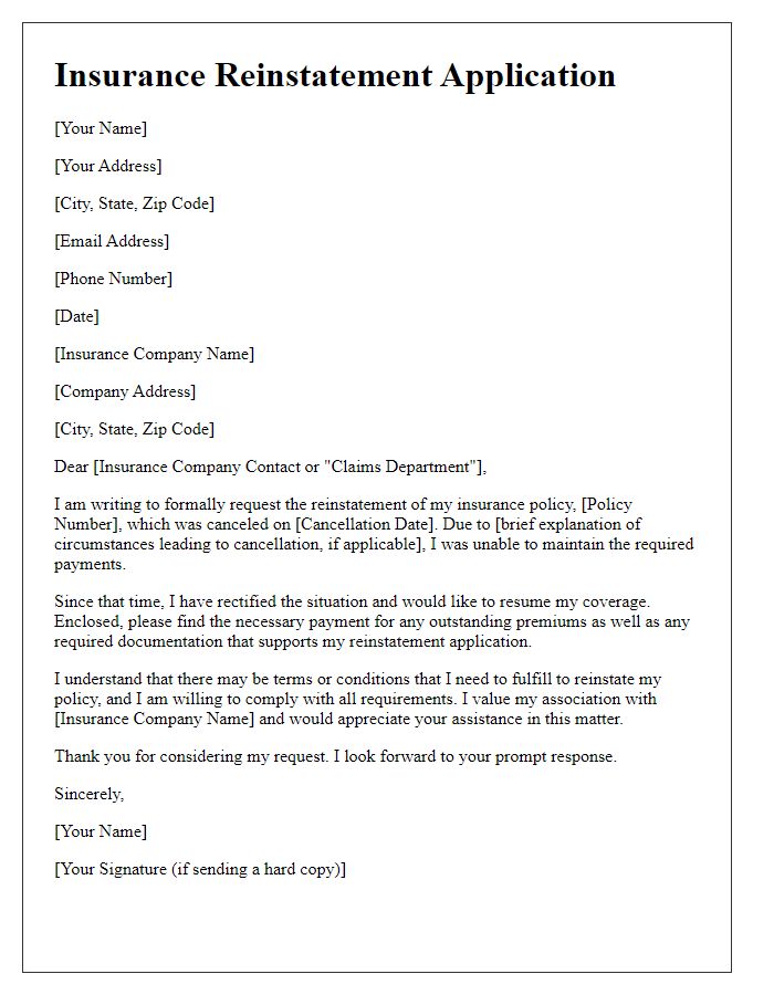 Letter template of insurance reinstatement application