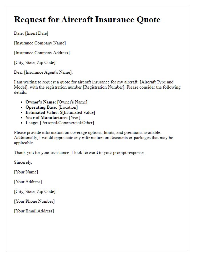 Letter template of aircraft insurance quote request