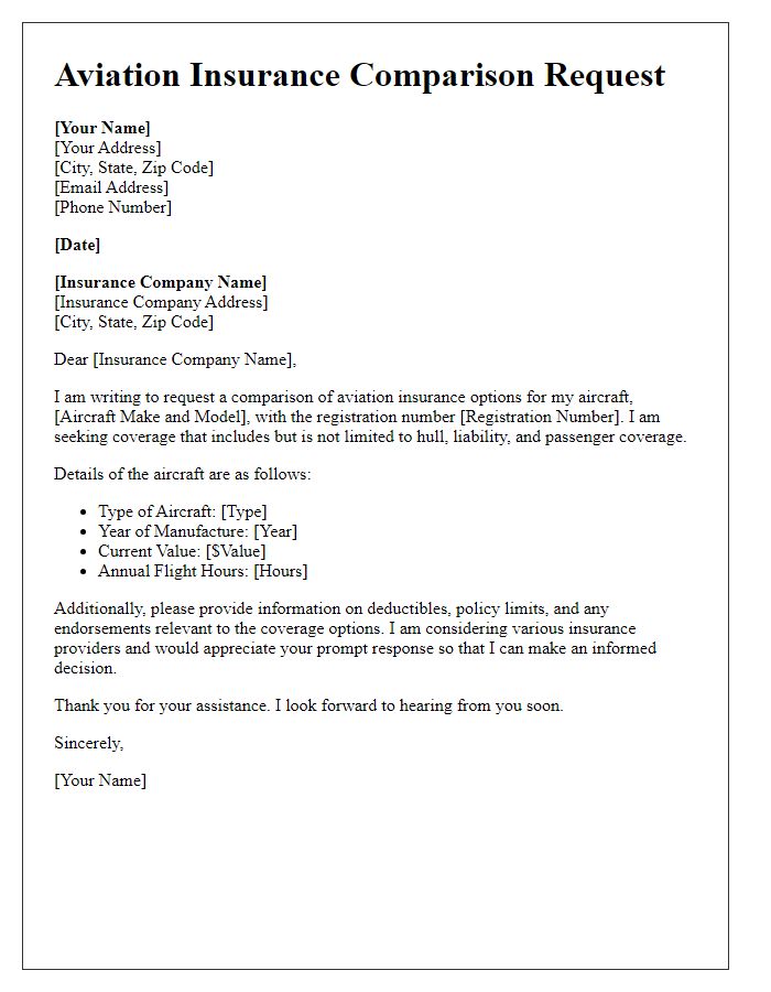 Letter template of aviation insurance comparison request