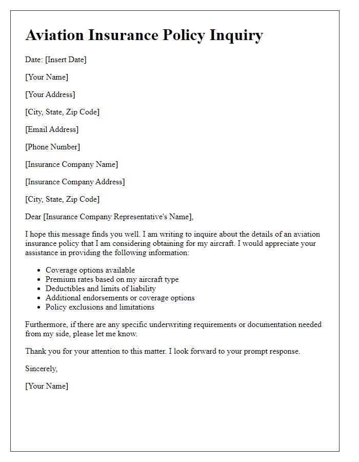 Letter template of aviation insurance policy inquiry