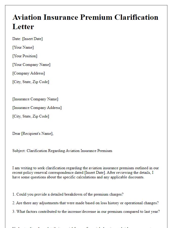 Letter template of aviation insurance premium clarification