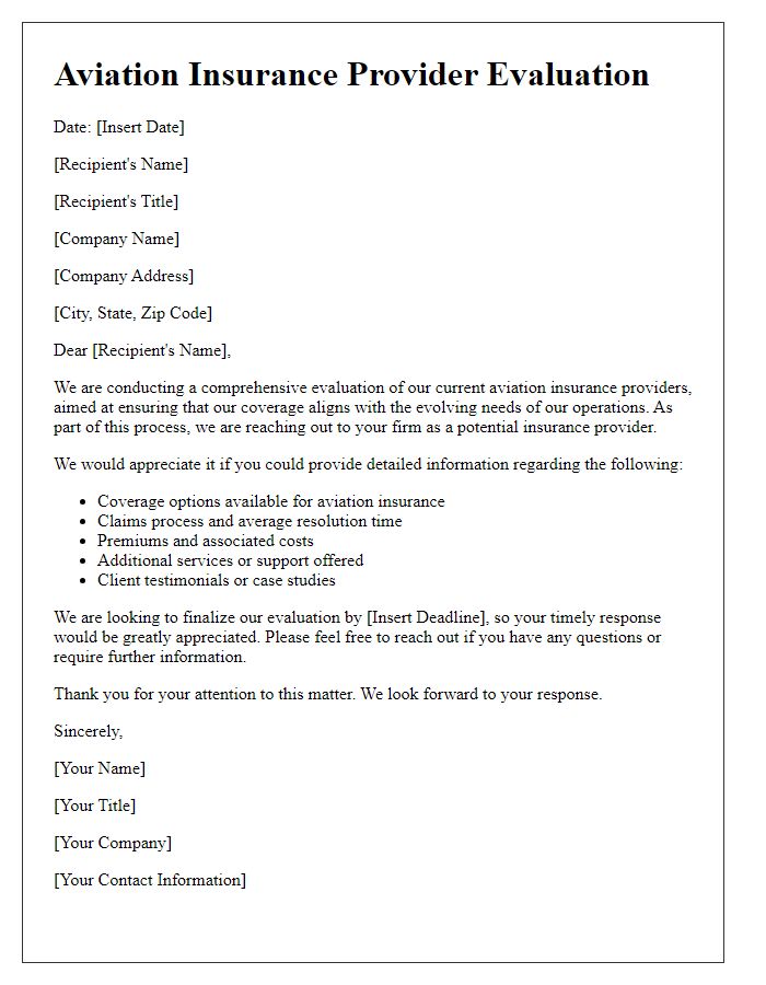 Letter template of aviation insurance provider evaluation