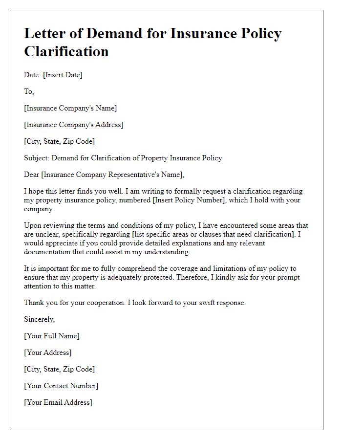 Letter template of demand for property insurance policy clarification