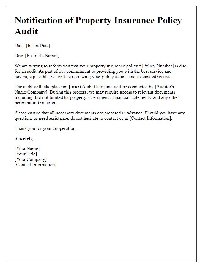 Letter template of notification for property insurance policy audit