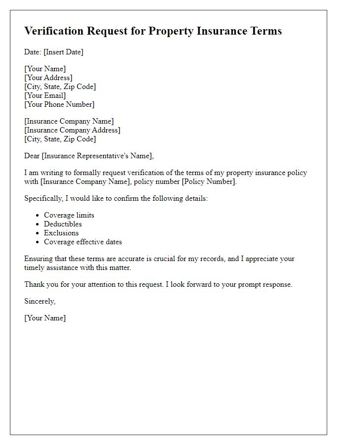 Letter template of verification request for property insurance terms