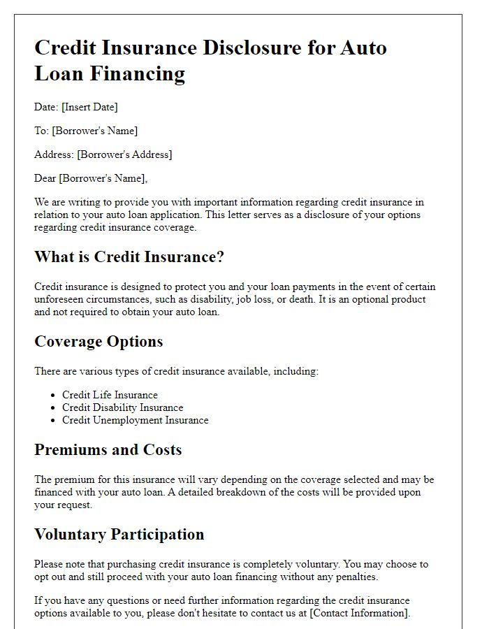 Letter template of credit insurance disclosure for auto loan financing.