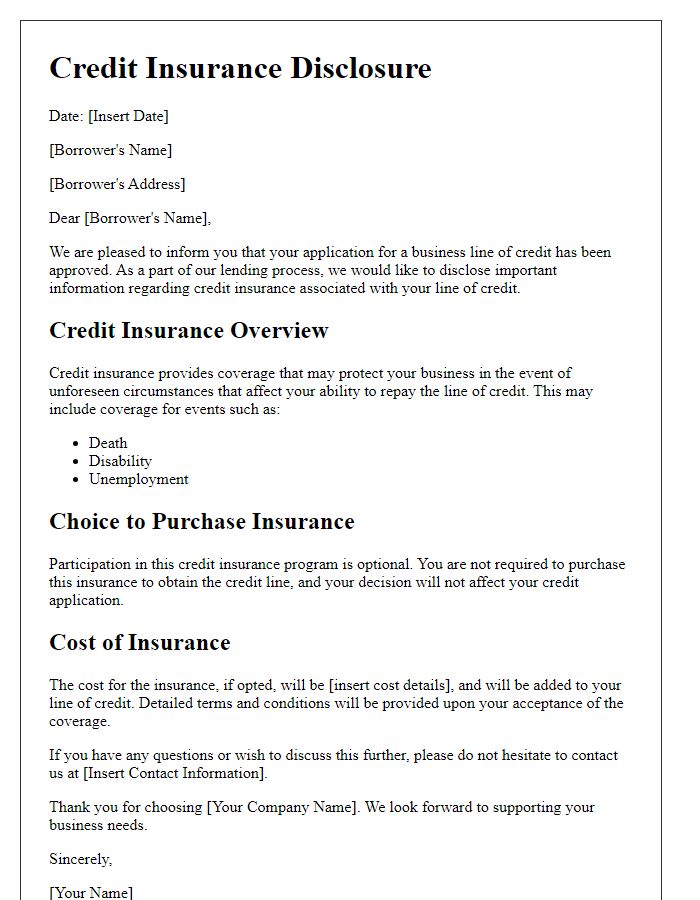 Letter template of credit insurance disclosure for business line of credit.