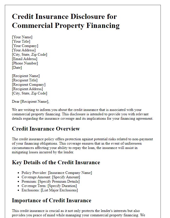 Letter template of credit insurance disclosure for commercial property financing.