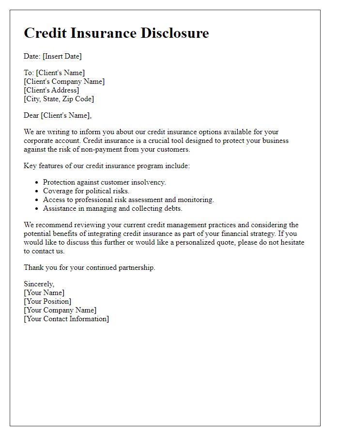 Letter template of credit insurance disclosure for corporate clients.