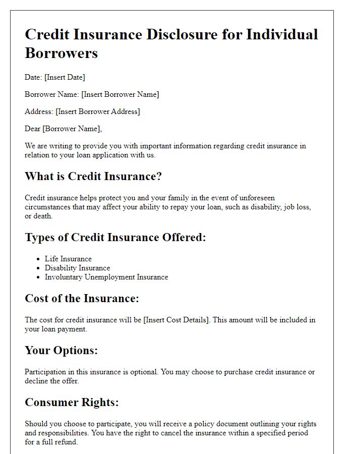 Letter template of credit insurance disclosure for individual borrowers.