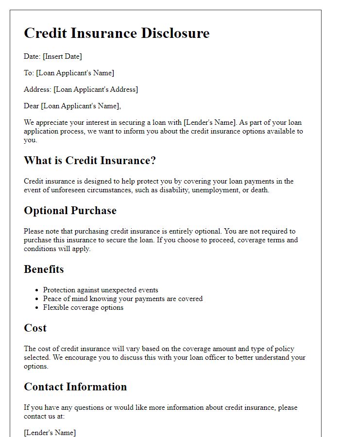 Letter template of credit insurance disclosure for loan applicants.