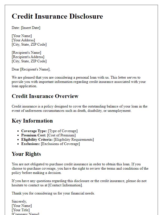 Letter template of credit insurance disclosure for personal loan seekers.