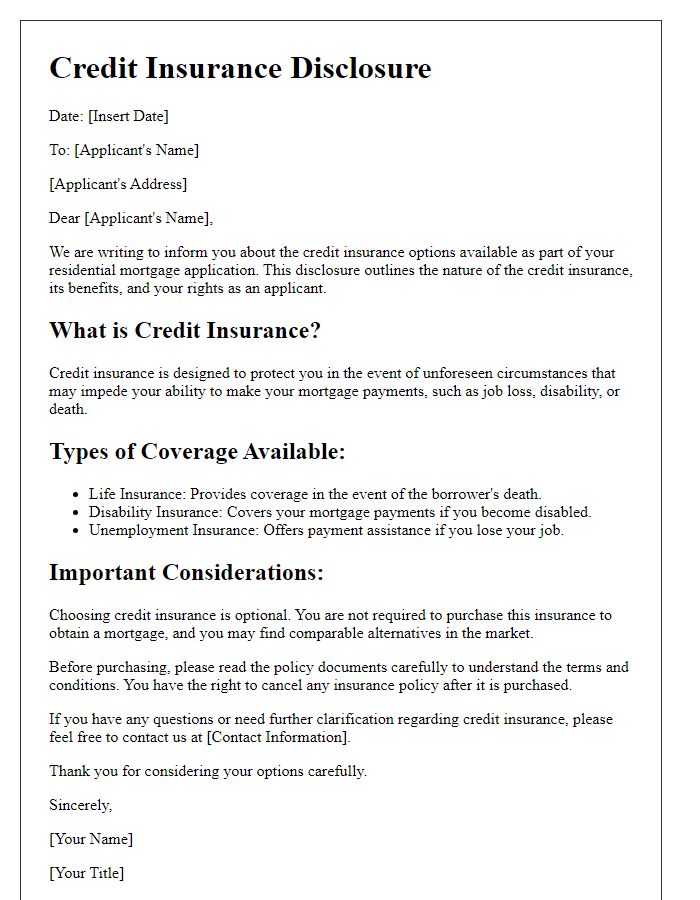 Letter template of credit insurance disclosure for residential mortgage applicants.