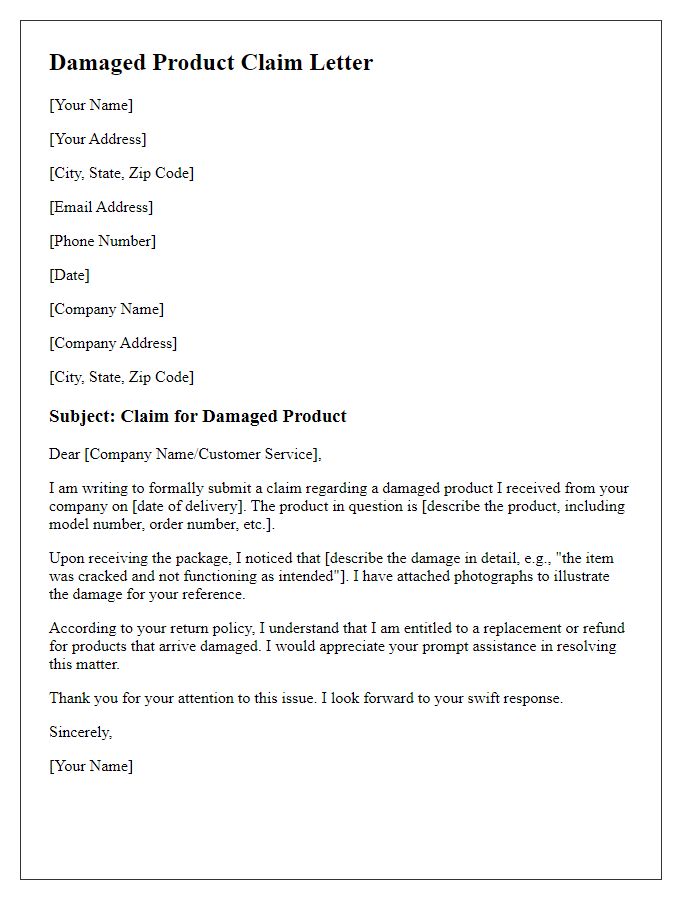 Letter template of damaged product claim