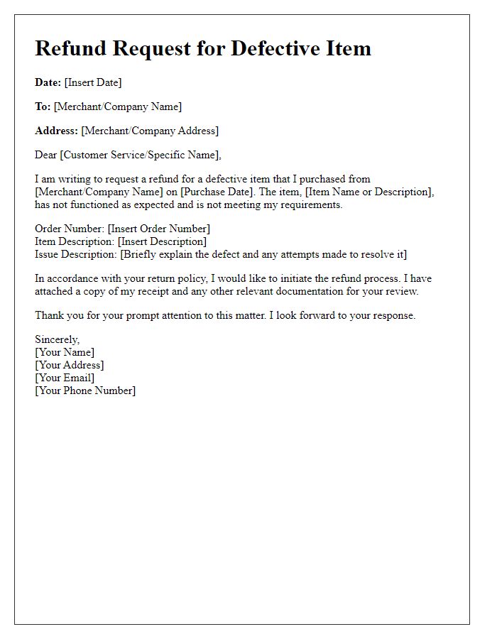 Letter template of defective item refund request