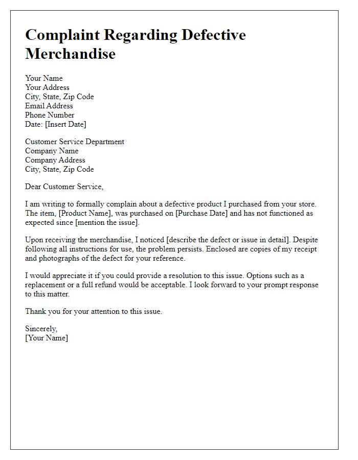 Letter template of merchandise defect complaint