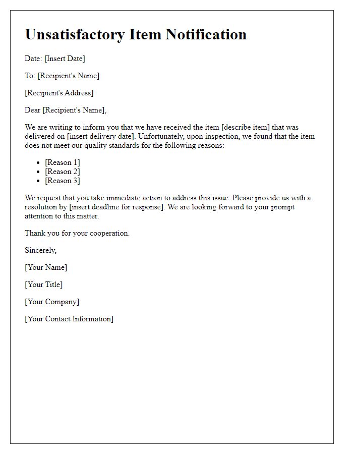 Letter template of unsatisfactory item notification