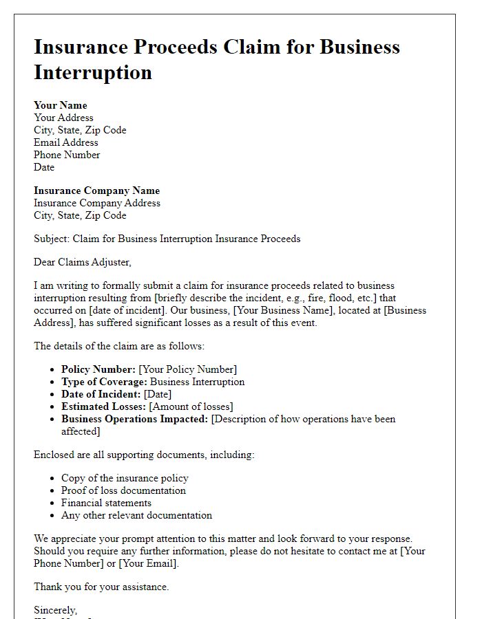 Letter template of insurance proceeds claim for business interruption.