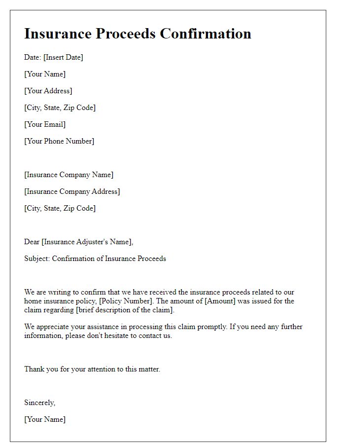 Letter template of insurance proceeds confirmation for home insurance.