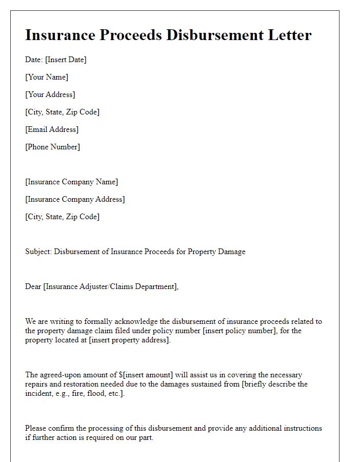 Letter template of insurance proceeds disbursement for property damage.