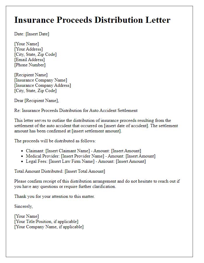 Letter template of insurance proceeds distribution for auto accident settlement.