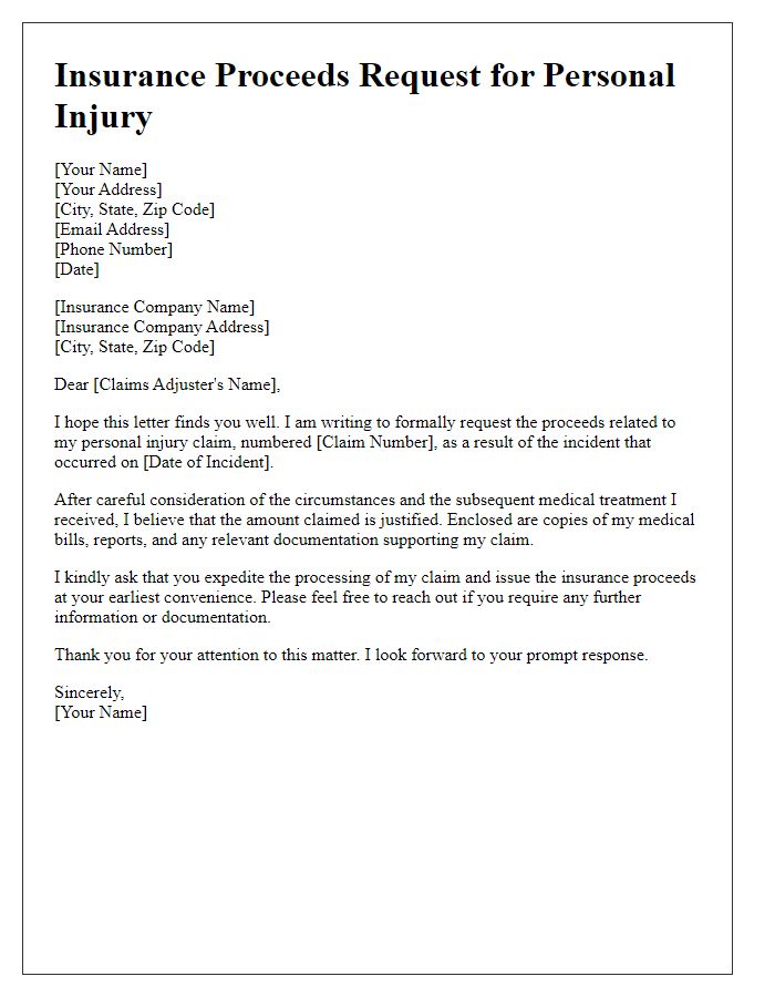 Letter template of insurance proceeds request for personal injury.