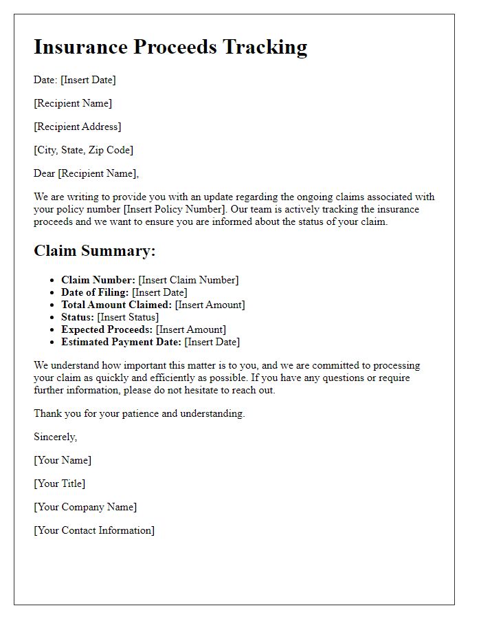 Letter template of insurance proceeds tracking for ongoing claims.