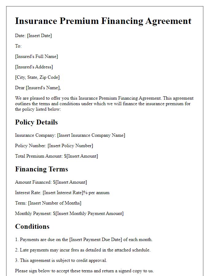 Letter template of insurance premium financing agreement