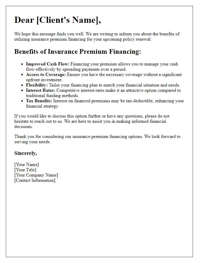 Letter template of insurance premium financing benefits