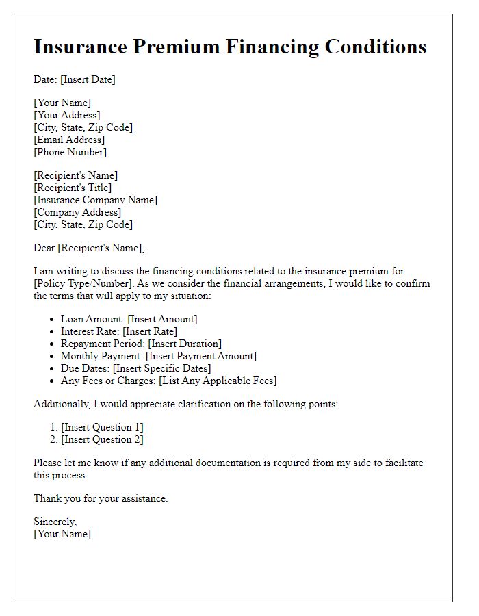 Letter template of insurance premium financing conditions