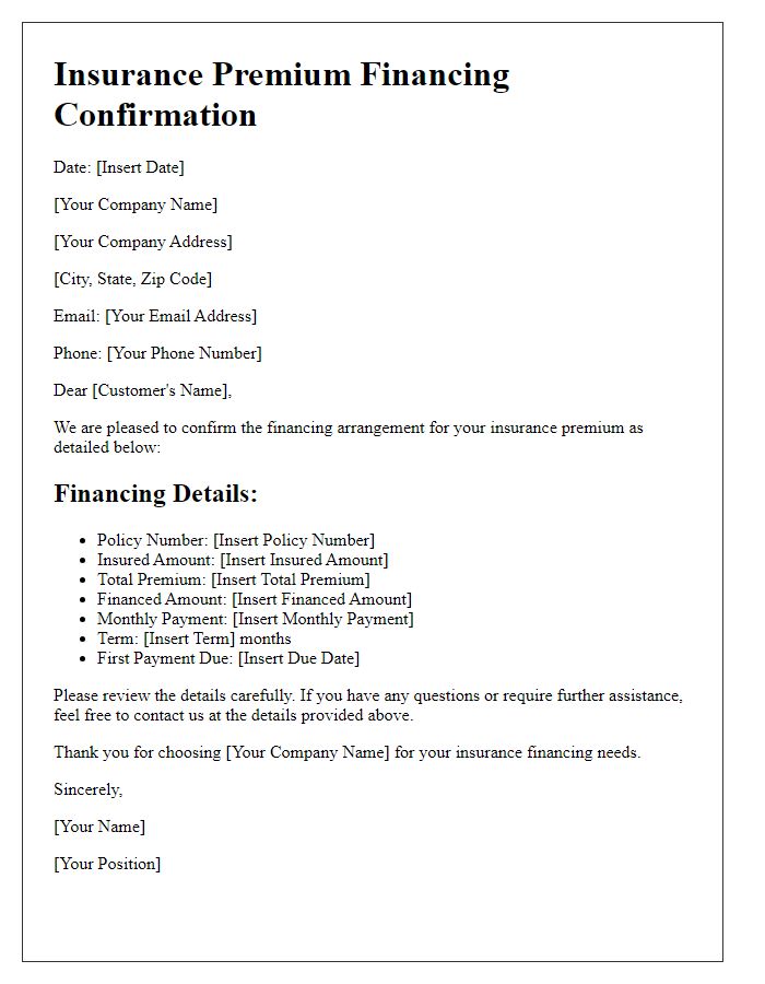 Letter template of insurance premium financing confirmation