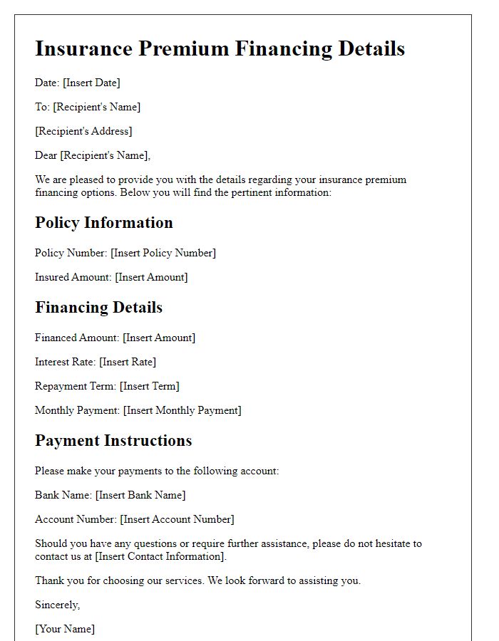 Letter template of insurance premium financing details