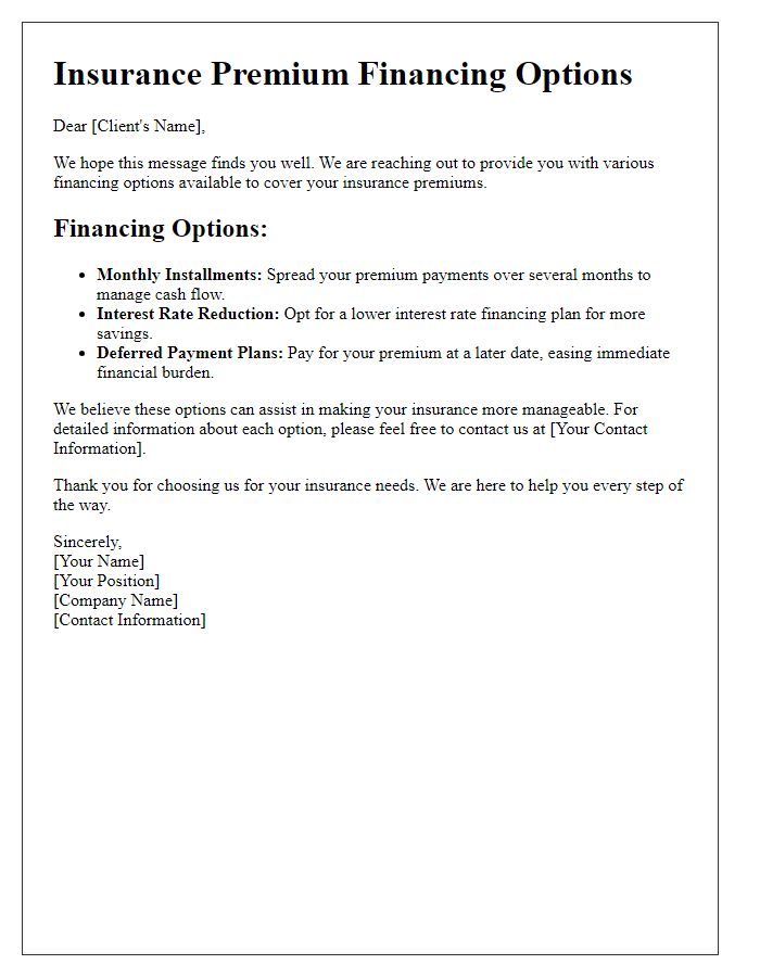 Letter template of insurance premium financing options