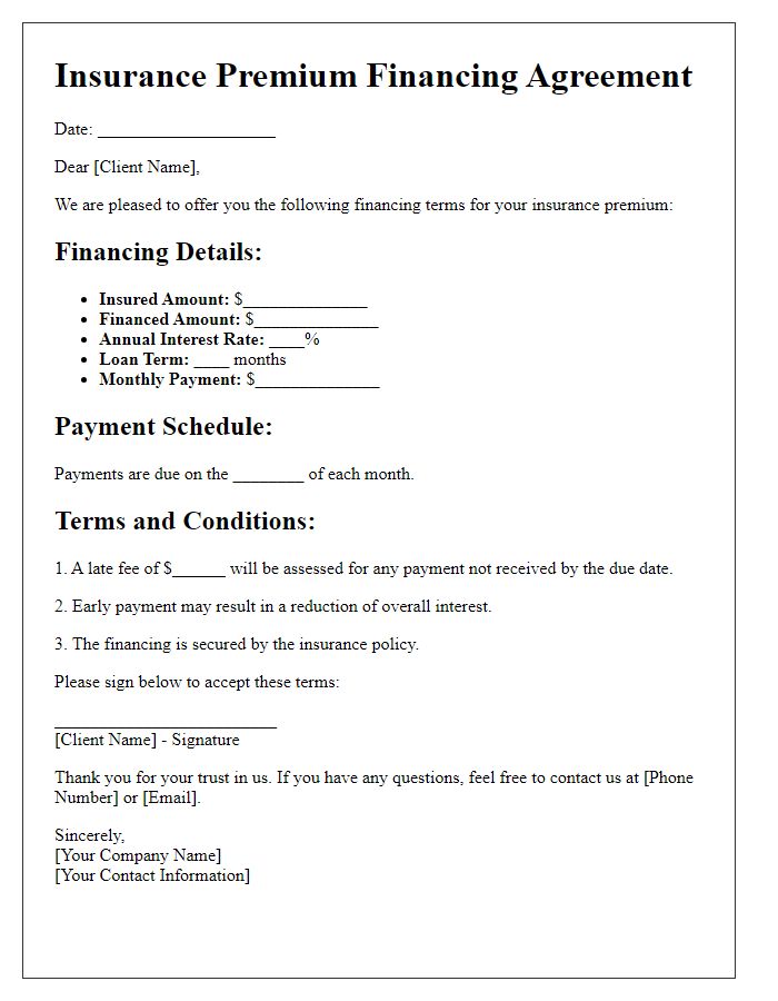 Letter template of insurance premium financing terms