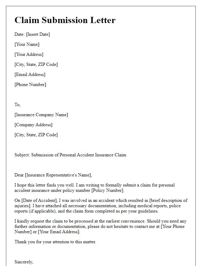 Letter template of personal accident insurance claim submission